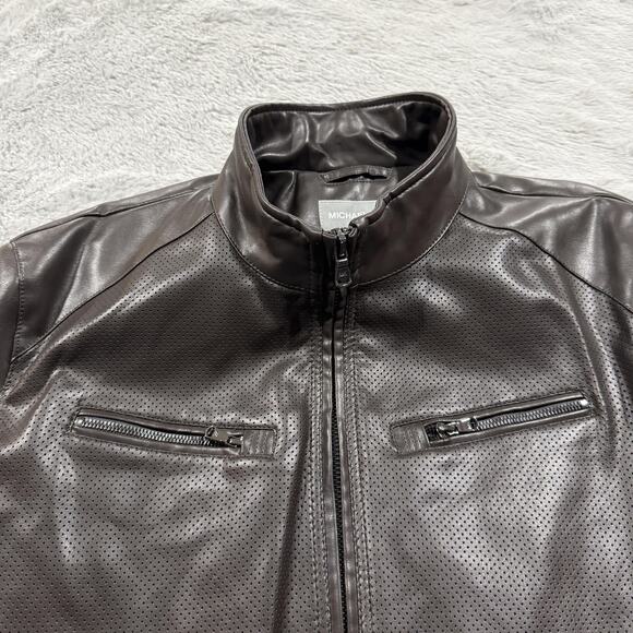 Michael Kors Jacket Mens 2XL Brown Faux Leather Moto Perforated Full Zip New NWT - Picture 7 of 13